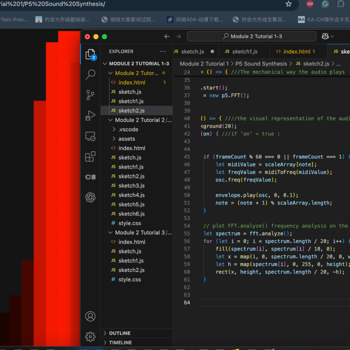 Initial exploration of third p5.js sketch; interacting while examining visualization logic in code.