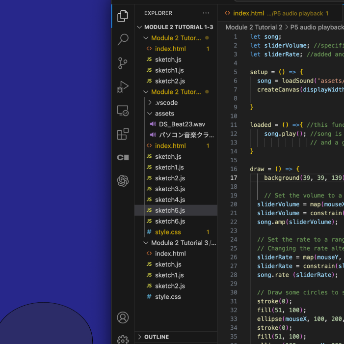 Sketch featuring two spherical toggle controls for adjusting sound and frequency through drag interaction.