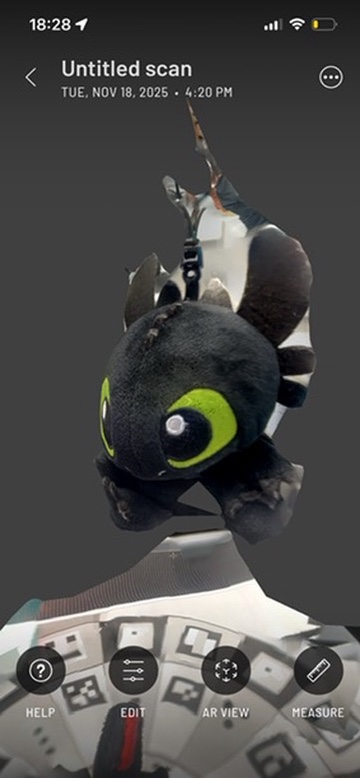 Failed scan object: Side view of black plush toy
